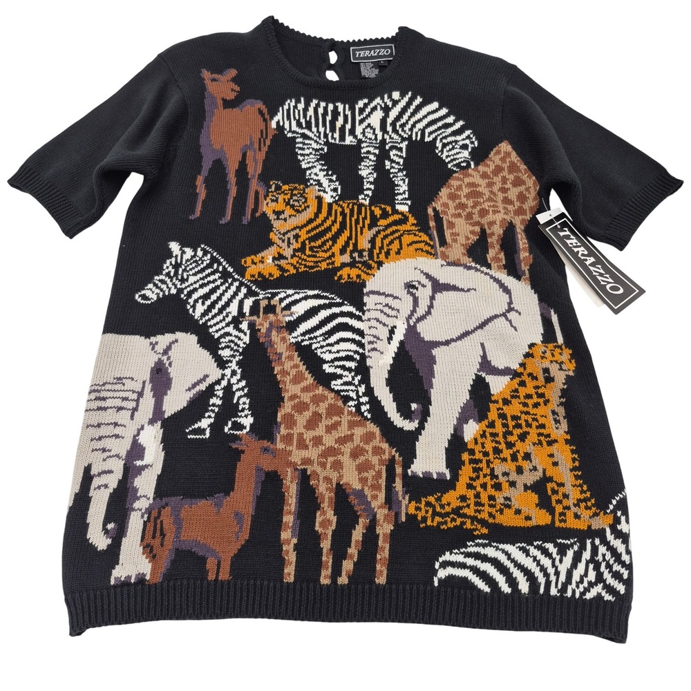 Vintage Terazzo Safari Animal Print Short Sleeve Sweater Ramie Cotton Black L